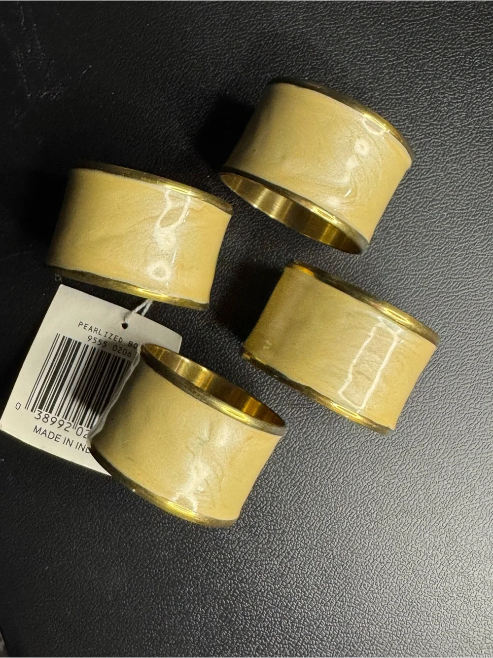 WC Designs Pearlized Bone Napkin Rings Set of 4 Brass Trim Ivory Beige New